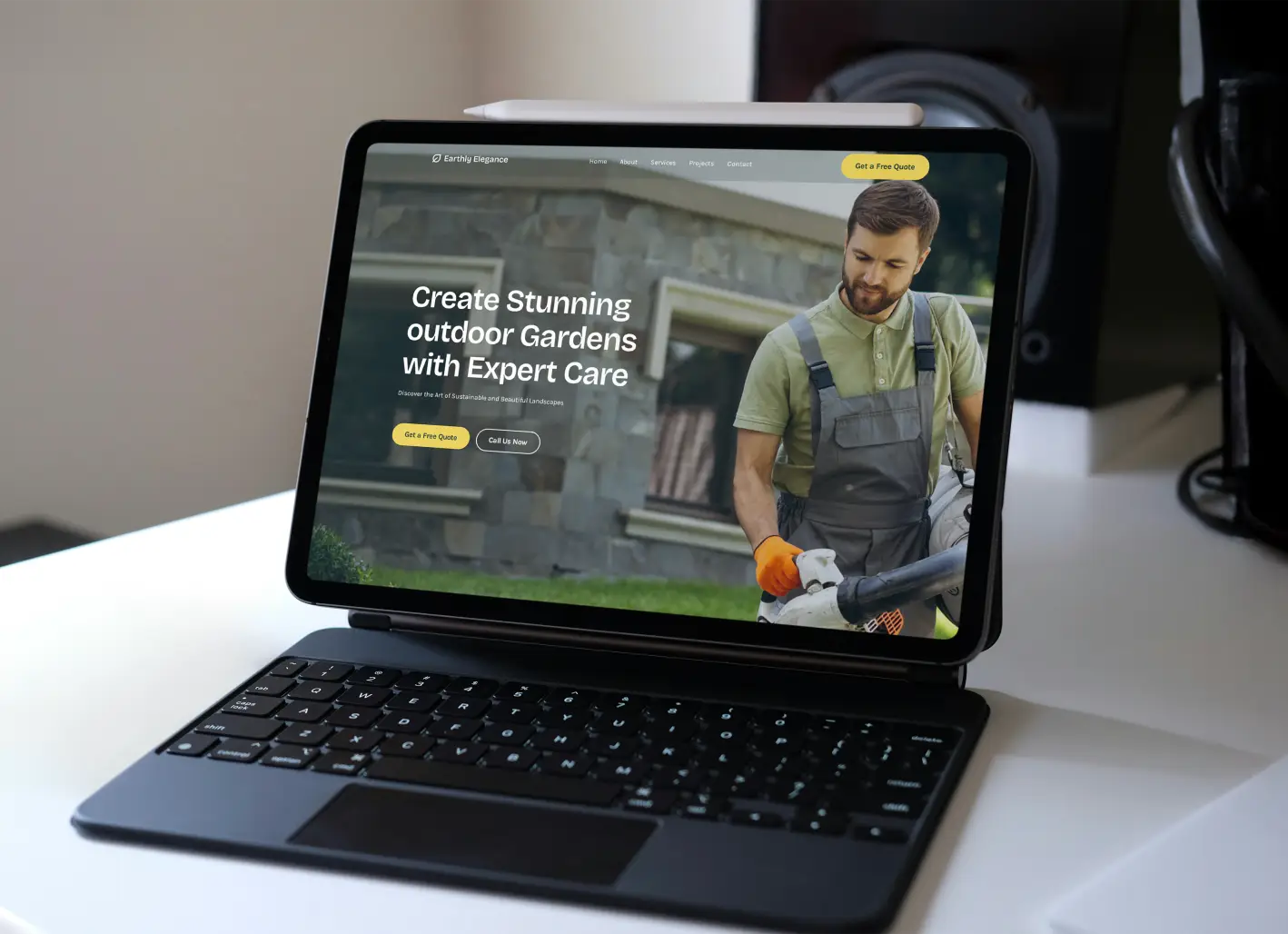 Home tablet on keyboard stand mockup